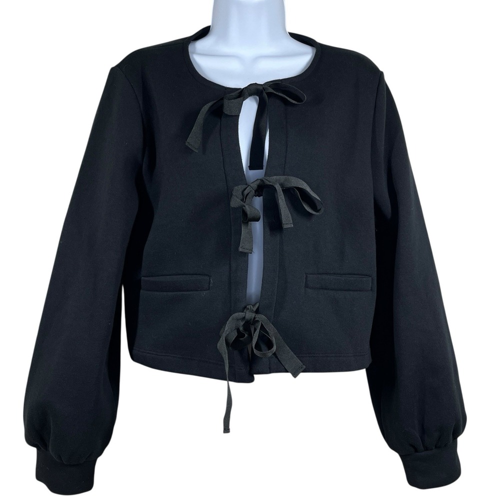 & Other Stories Tie Front Fleece Cardigan Sz M Black Cropped Ballon Sleeve Cozy